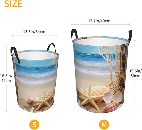 Miniatura 5 de Cesta circular impermeable con estampado de estrellas de mar y conchas marinas, con asas para ropa, juguetes, tamaño mediano