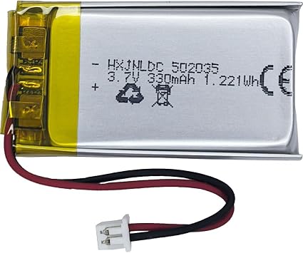 DC 3.7V 330mAh 502035 Rechargeable Lithium Polymer Battery, Suitable for DIY 3.7-5V Electronic Products with Built-in 2-Wire Battery Replacement and LED Lights