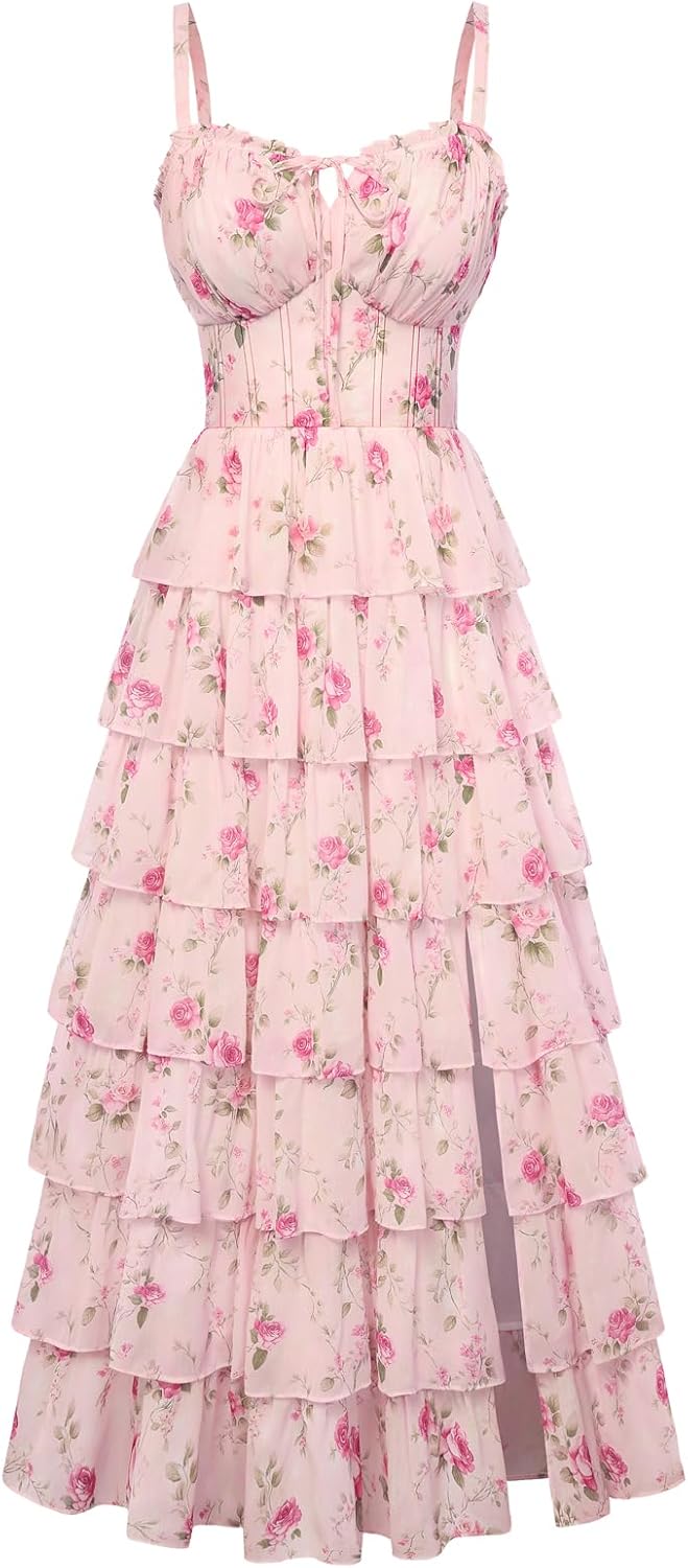 Scarlet Darkness Women's Floral Corset Wedding Guest Dress Lace Up Summer Spring Tiered Formal Maxi Dresses