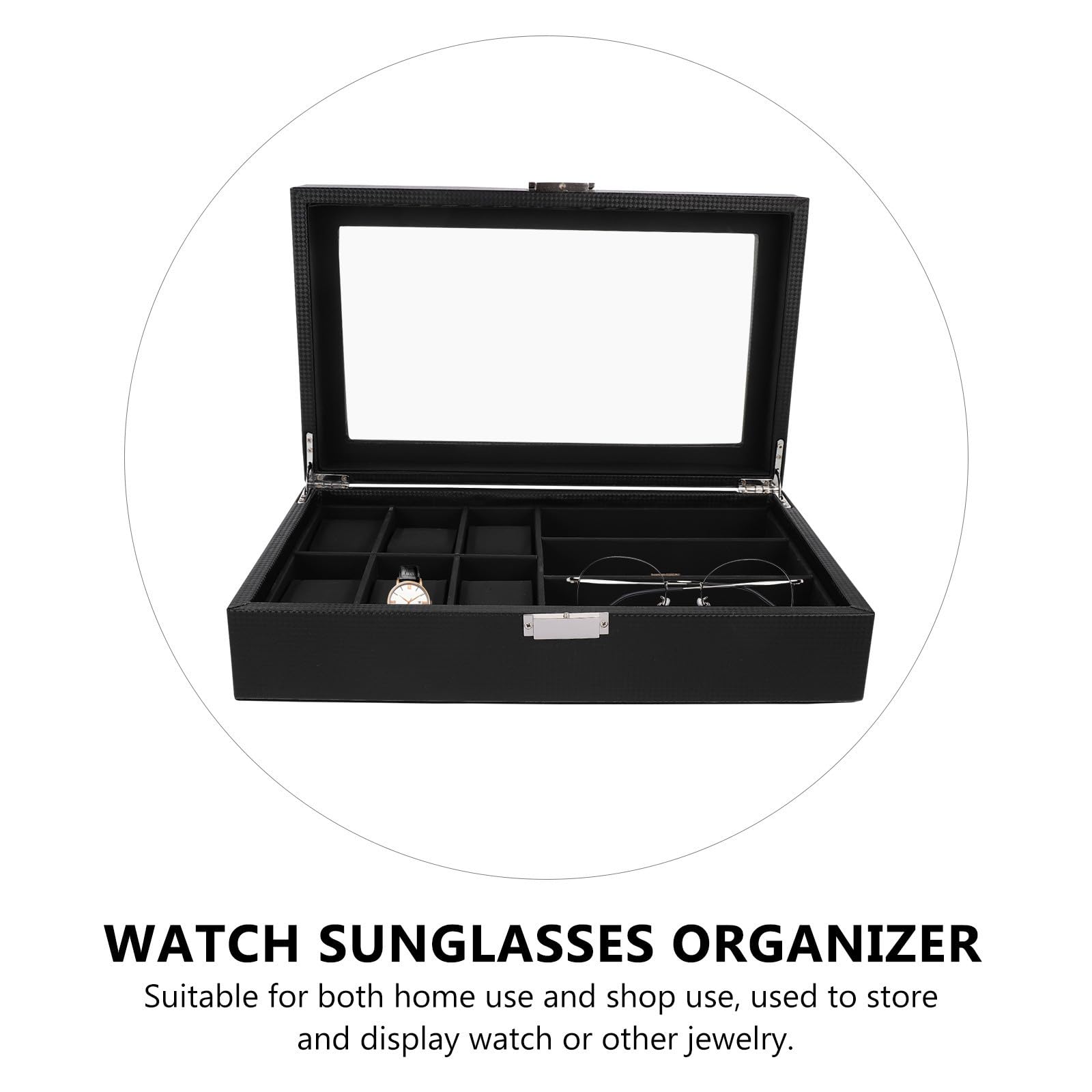 Veemoon Caja para Gafas y Reloj de 6 Compartimentos Vidrio Negro