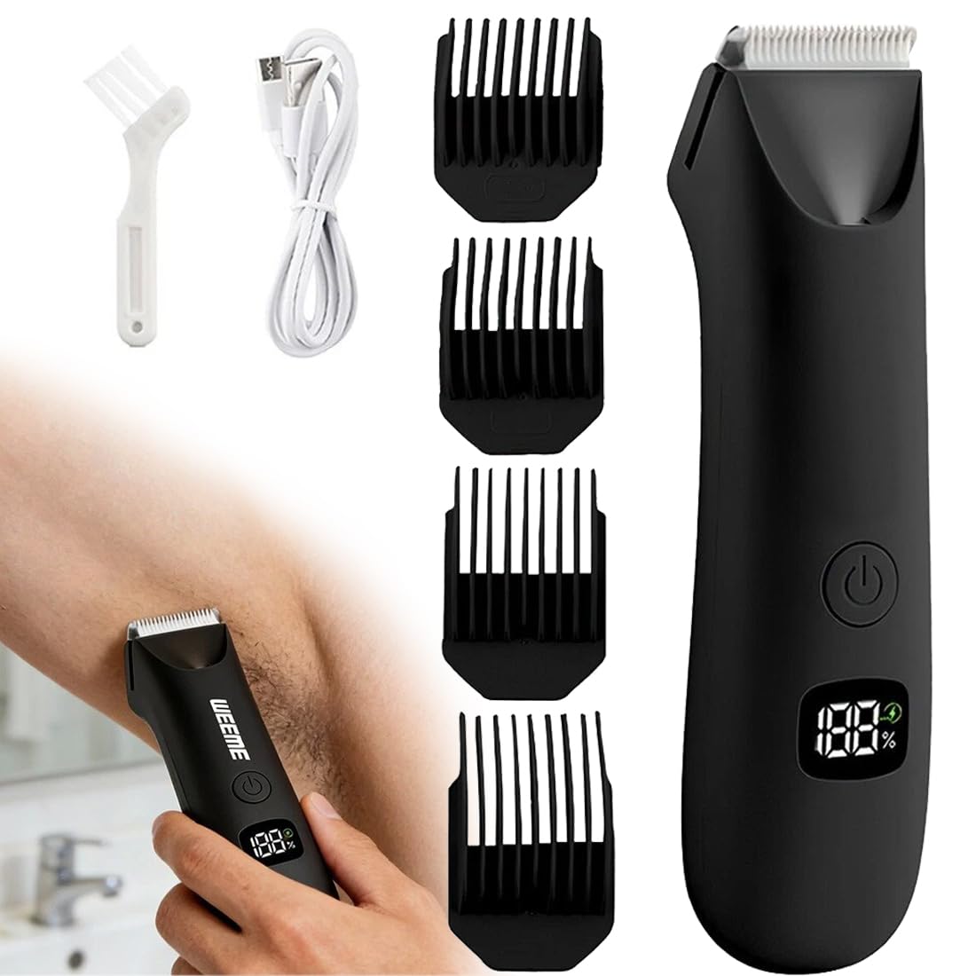 Body Hair Trimmer for Men with 4 Combs, Electric Razor for Pubic Hair, Cordless Ball Shaver with Light, Rechargeable Body Shavers for Groin