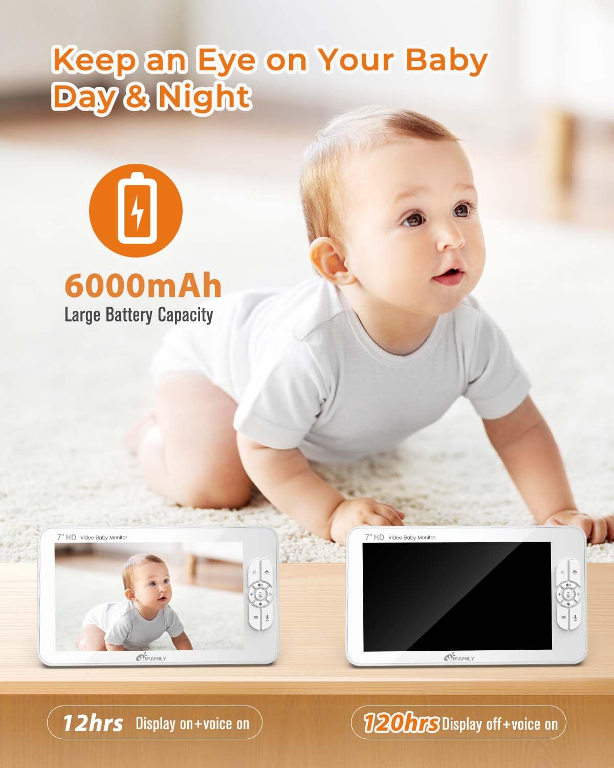 iFamily - Monitor grande de 7 pulgadas con 2 cámaras HD y audio, monitor de video HD 1080P, sin WiFi, a prueba de hackeos