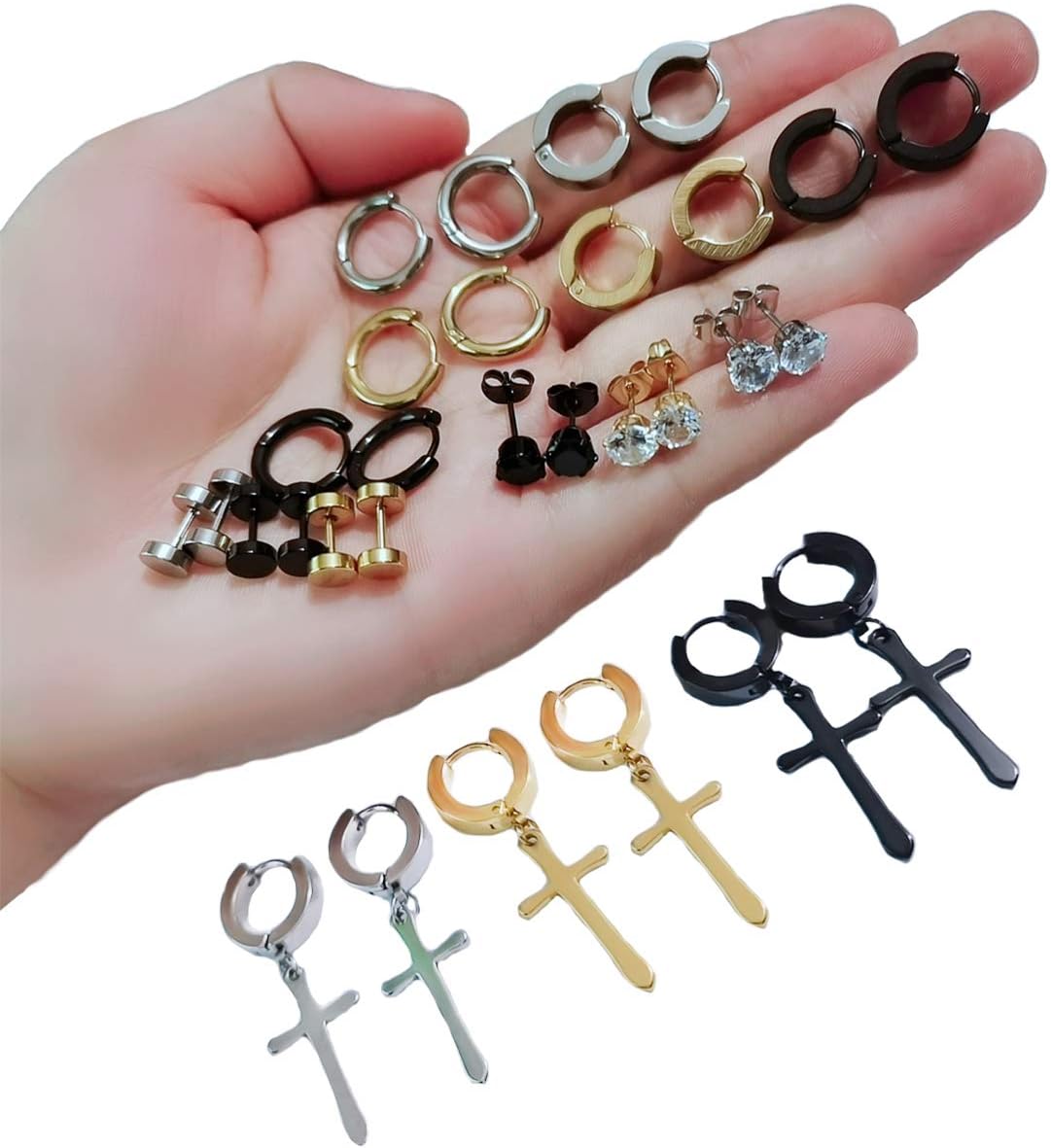 15 Pairs Stainless Steel Dangle Hinged Earrings Hoop Huggie Earrings CZ Stud Earrings Set for Men Women Ear Piercing Jewelry Silver Black Gold Tone - Image 6