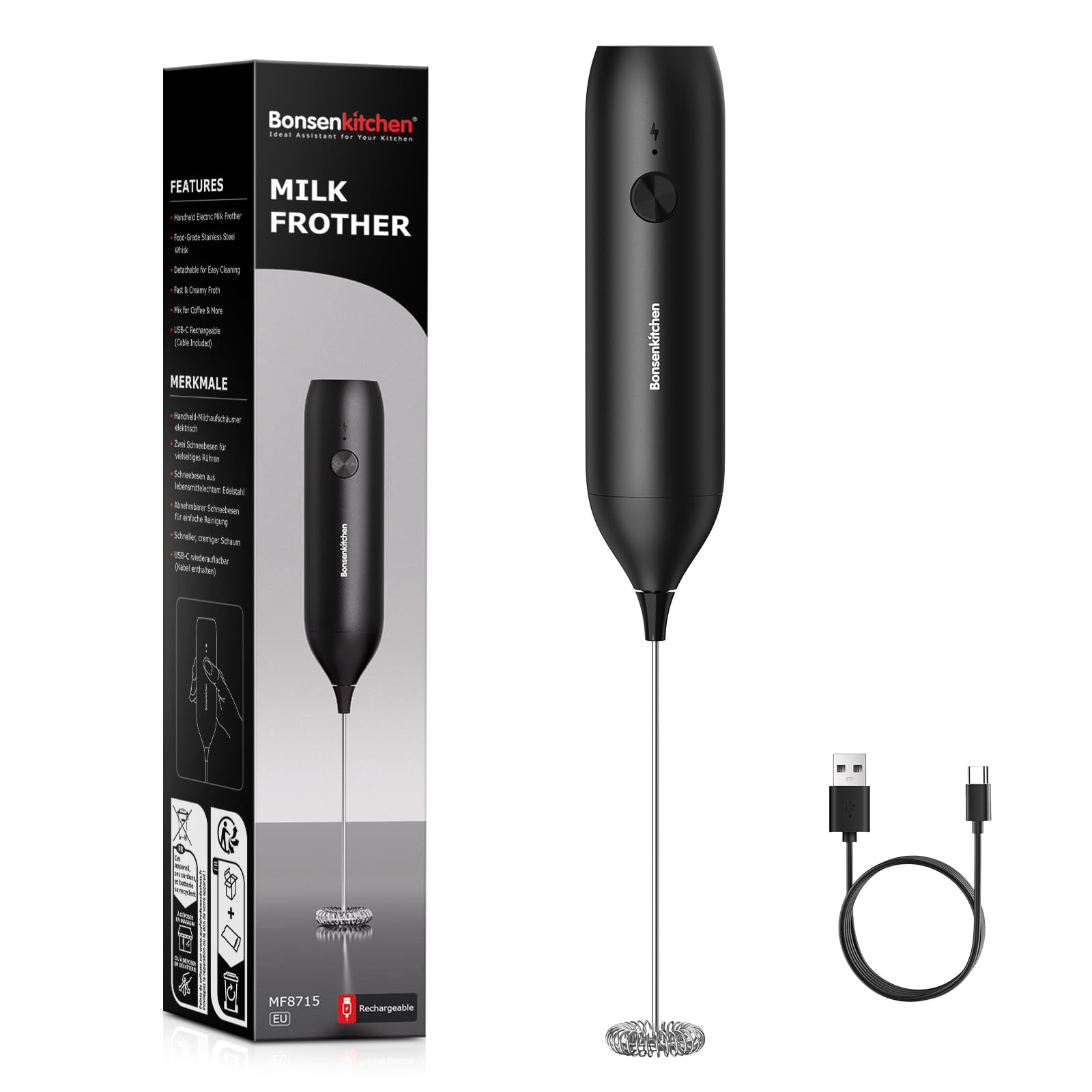 Bonsenkitchen Espumador de Leche Portátil Recargable, Licuadora de Acero Inoxidable Desmontable, Diseño de Bajo Ruido para Cappuccino, Matcha y Café, Regalo Ideal para Amantes del Café, Negro