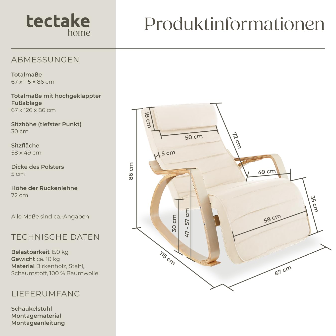 tectake® Schaukelstuhl mit Armlehnen aus Birkenholz, Relaxsessel mit 5-Fach Verstellbarer Fußsstütze, bis 150 kg belastbar, mit Polster, Sessel für Wohnzimmer, Schaukelsessel, Fernsehsessel - beige