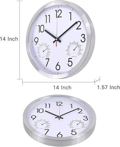 Miniatura 4 de Reloj de pared de 14 pulgadas con marco de aluminio, funciona con pilas, relojes de pared silenciosos con temperatura y humedad, decorativo para la