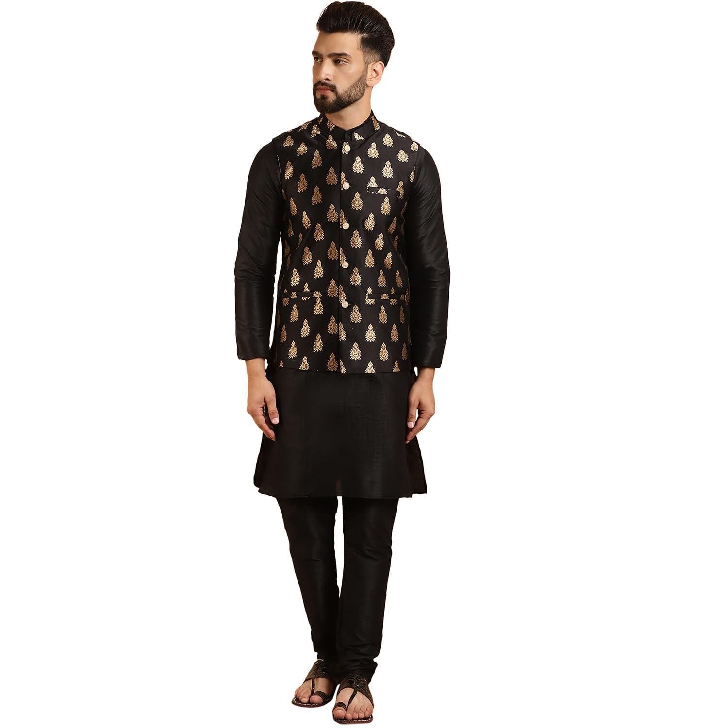 Sojanya (Since 1958 Men's Silk Blend Black Kurta Pyjama & Black Self Design Nehru Jacket Combo