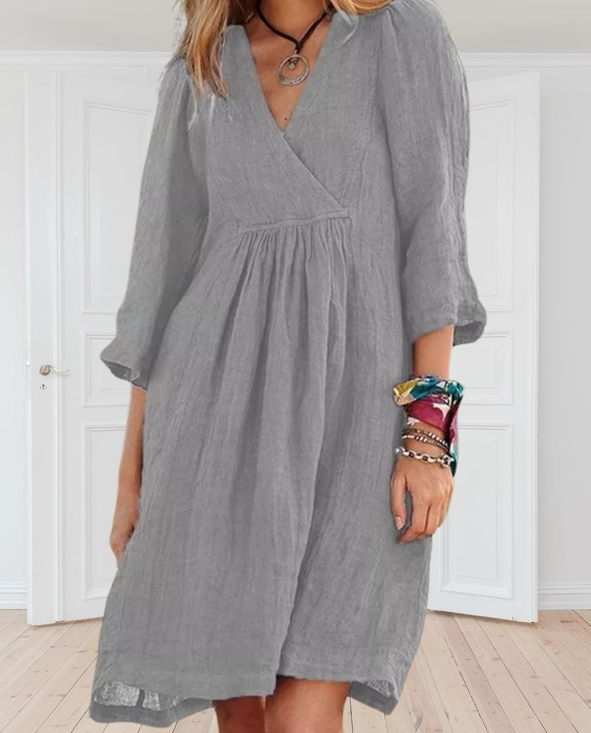 Women's Cotton Linen Midi Dress Soft V-Neck 3/4 Sleeve Casual Dresses for Summer Beach Vacations Everyday Wear - Image 2