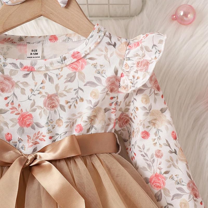 Image of Niren Enterprise Long Sleeve Printed Flower Belted Round Neck Baby Girl Frock with Knee-Length and A-Line Style