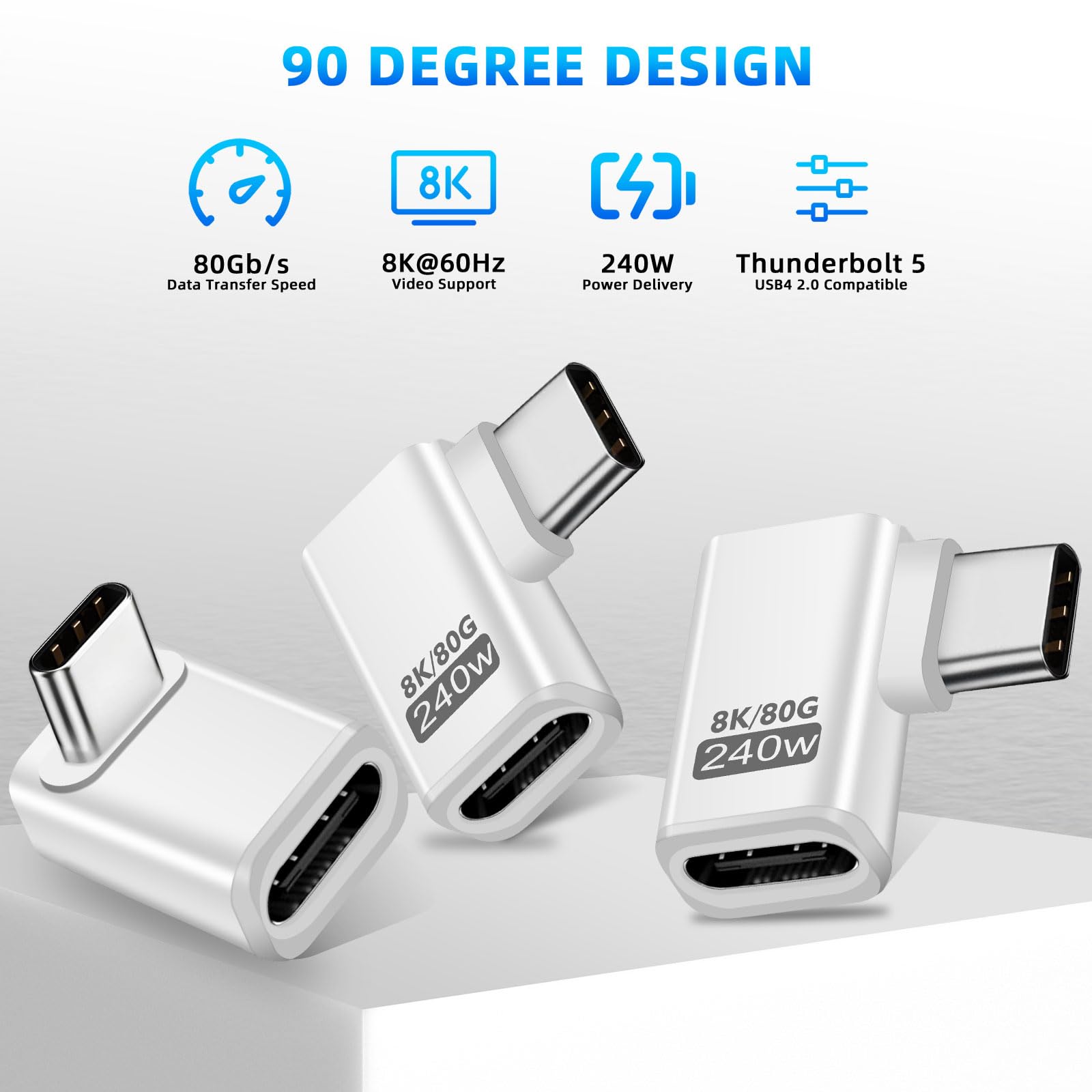 3 adattatori USB C Extender 90 gradi, 80 Gbps USB C maschio a femmina, adattatore angolare 240 W Thunderbolt 5 Extension Connector per iPhone 15/16, Team Deck, tablet, telefoni, altri dispositivi di