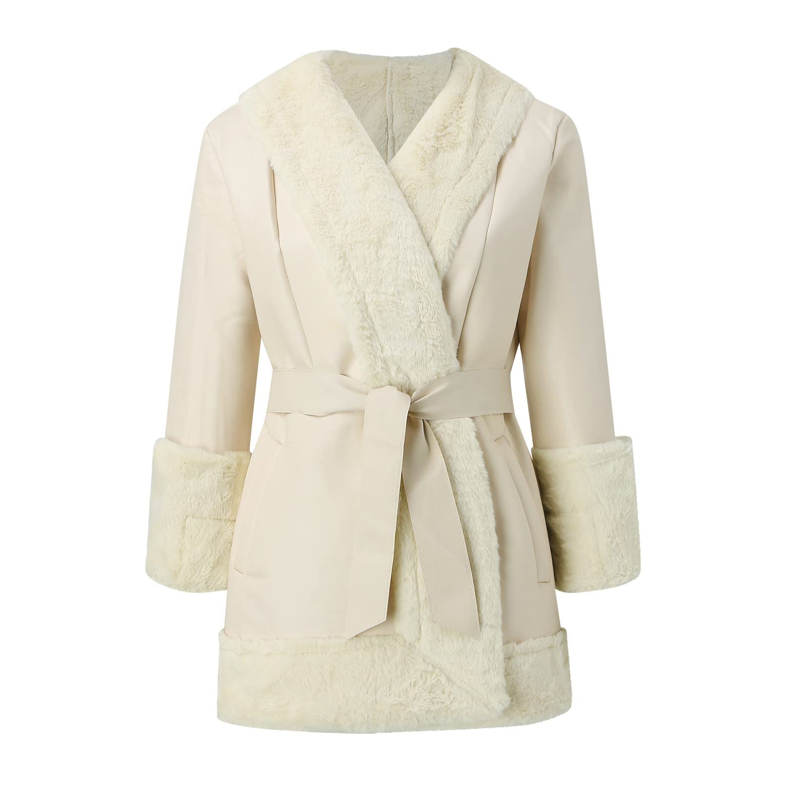 Cappotto invernale da donna lungo – cappotto in ecopelle da donna con pelliccia collo a scialle cintura giacca cappotto con pelliccia sintetica parka lungo cappotto esterno trench in similpelle