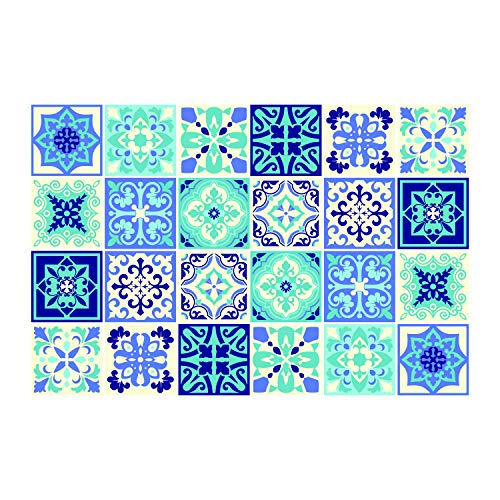 WALPLUS 24pcs 6 inch Peel and Stick Tiles Stickers Tile Paint Backsplash Removable Waterproof Self-Adhesive Decals Vinyl Home Kitchen Bathroom Decor (Daliah Blue and Turquoise Mediterranean - WT1567)