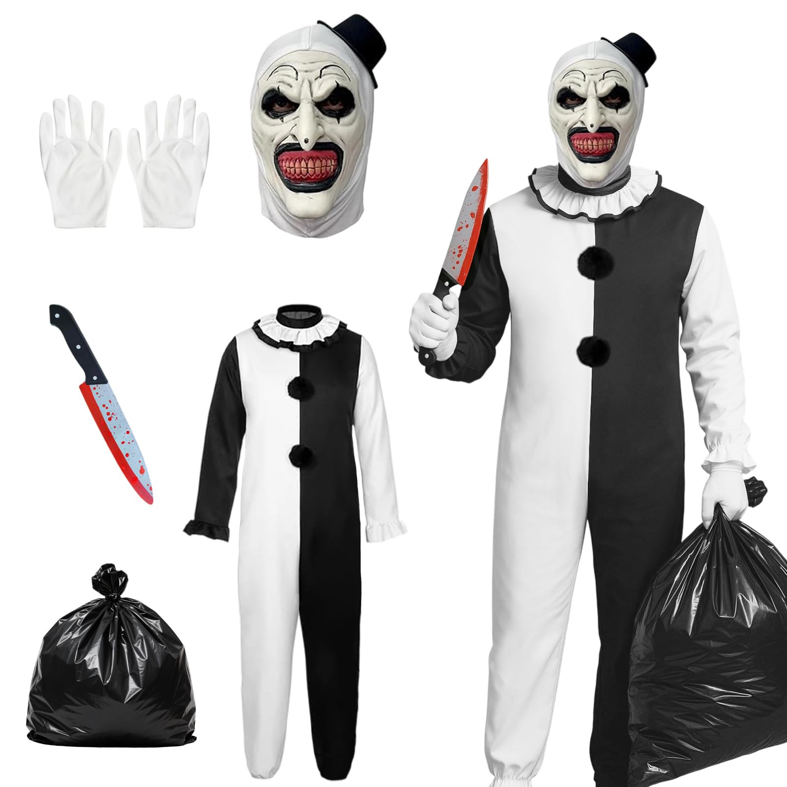 Halloween Clown Terrifier Costume, Costume Pagliaccio Halloween, con maschera, coltello, guanti, borsa nera, per Halloween, Carnevale, Feste, Cosplay