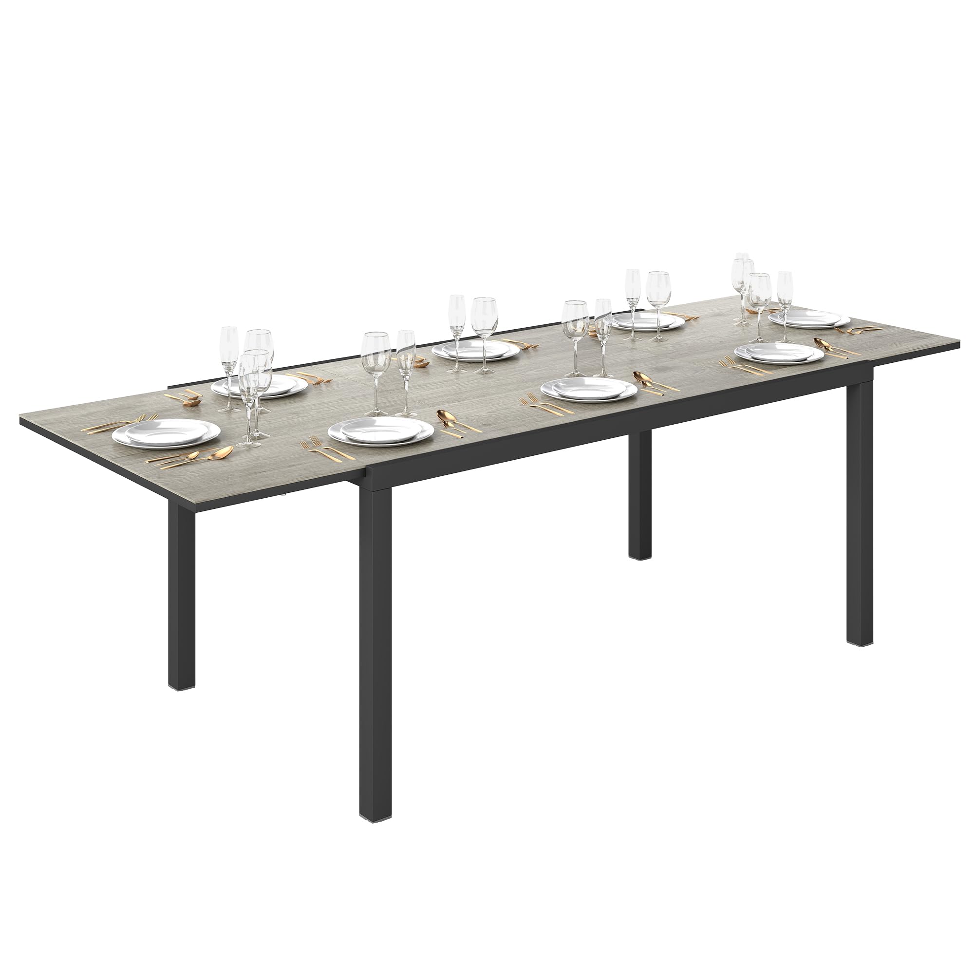 Outsunny Tavolo da Giardino Allungabile da 160-240 cm, Tavola da Pranzo Estensibile per 6-8 Persone Rettangolare in Alluminio con Piano Effetto Legno, Per Patio, Terrazzo, Balcone ed Esterno, Grigio