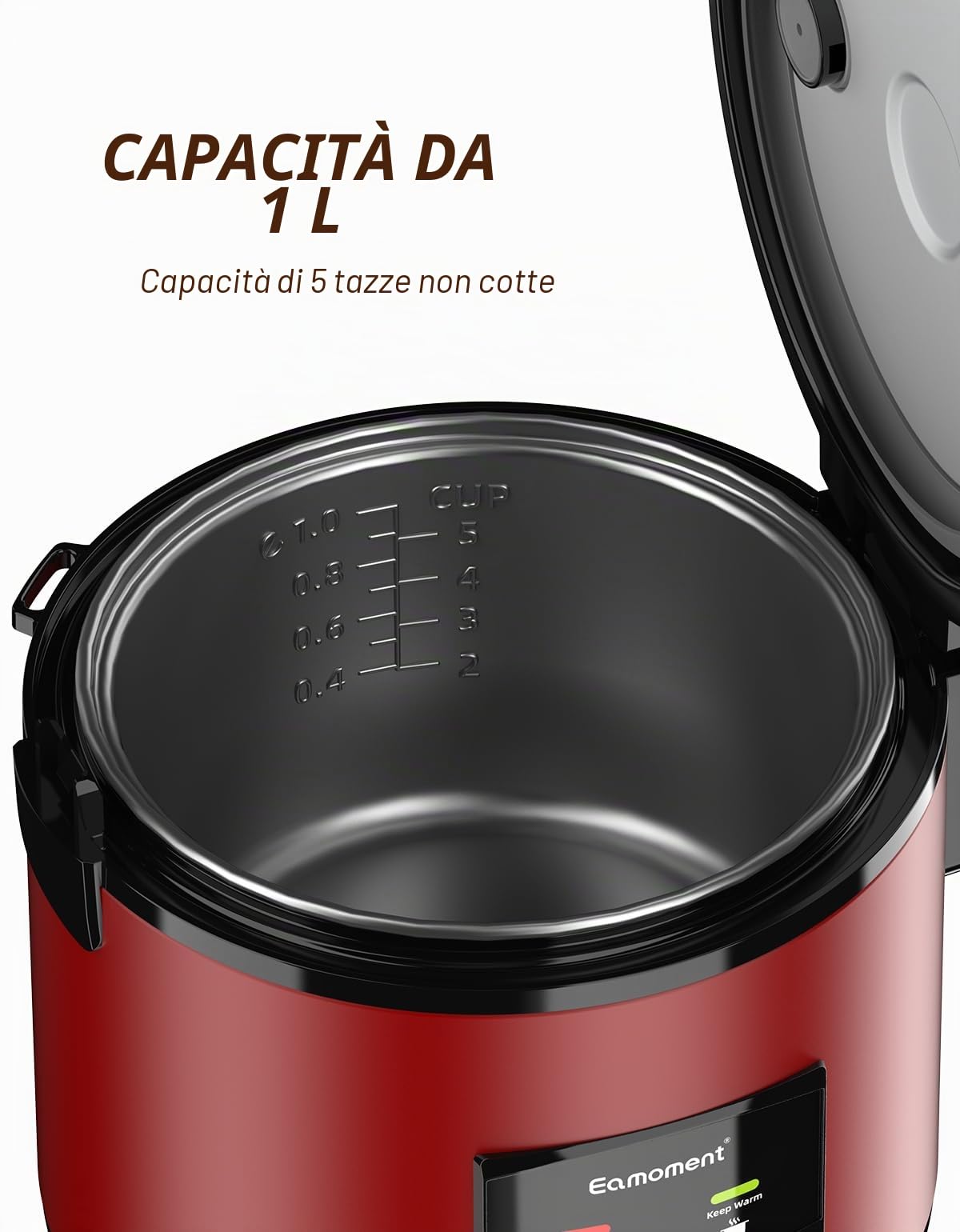 DRC-5020RD 1L|400W Cuociriso e Vaporiera per alimenti (1ltr-5 tazze) Cottura veloce senza bruciare Pentola con rivestimento antiaderente rimovibile, paletta per il riso e misurino
