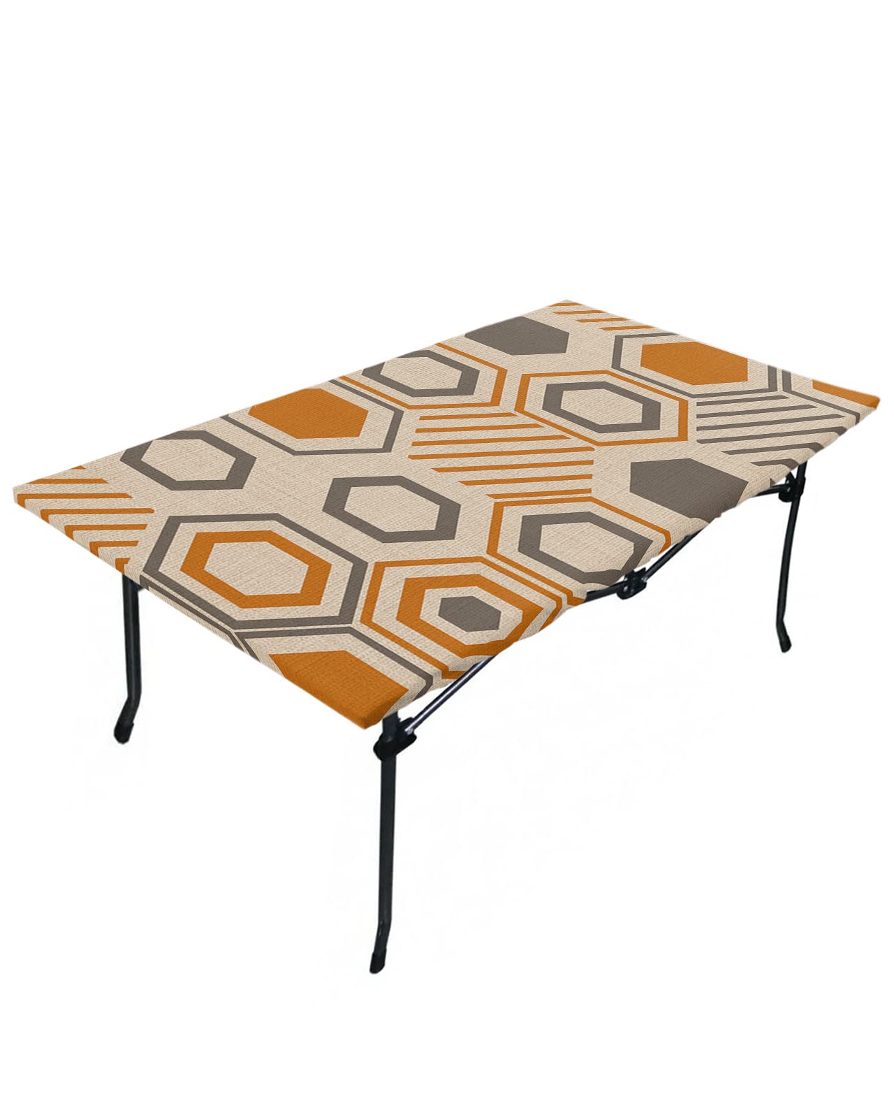 Jolunifun Geometric Tablecloth Fitted Table Cover for 6ft Tables - Waterproof Wipeable Elastic Table Cloth for Outdoor Picnic Camping Dining Party, Modern Abstract Orange Grey Farmhouse Burlap 32