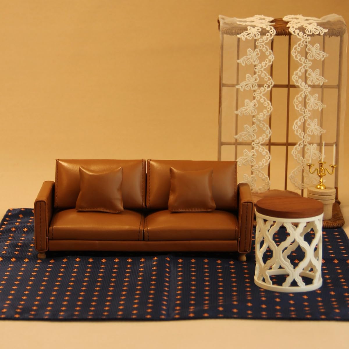 Miniature Dollhouse Leather Couch -1:12 Scale Mini Sofa Furniture Set with Cushions Fit 3 to 6 inches Doll Figure 1/12 Scale Accessories for Doll House Décor (Brown)