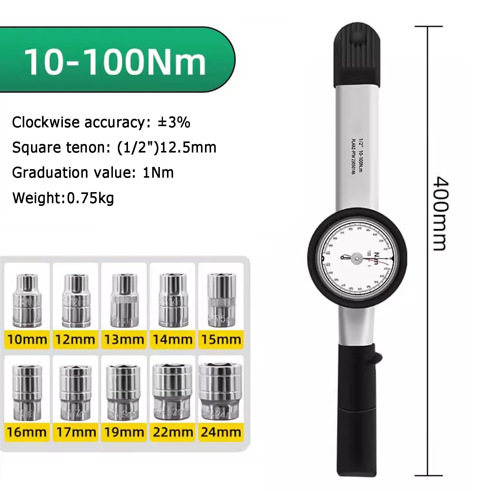 Llave Dinamométrica De Dial, Probador De Fuerza De Torsión, con Juego De 10 Vasos (10-24 Mm), Espiga Cuadrada De Accionamiento De 1/2 Pulgada, Soporte De Medición Bidireccional