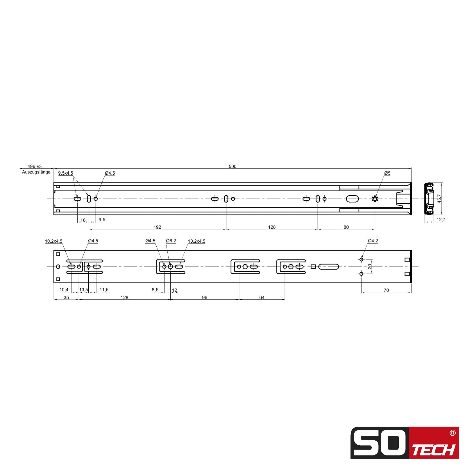 SOTECH 4 Paar Vollauszüge KV-45-H45-L500-SC-MS 500 mm Softclose, Traglast 45 kg, Schubladenschiene inkl. Schraubenset