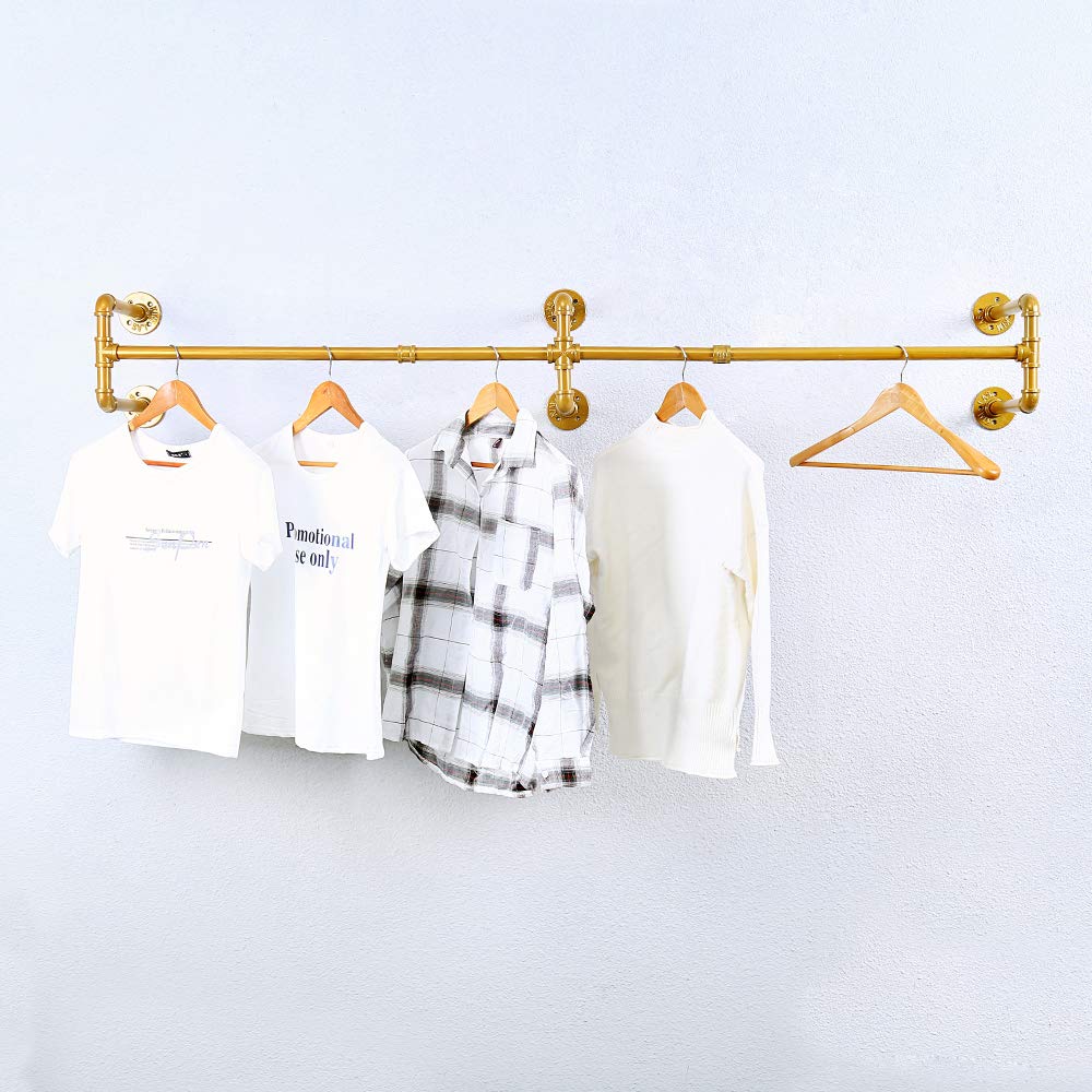Industrial Pipe Clothing Rack Wall Mounted,Vintage Retail Garment Rack Display Rack Cloths Rack,Metal Commercial Clothes Racks for Hanging Clothes,Iron Clothing Rod Laundry Room(70.86in,Gold)
