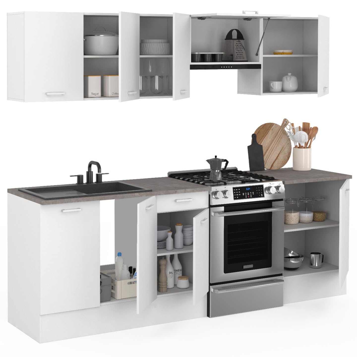 IDMarket - Cocina completa 240 cm sutil con encimera 7 elementos blanco y bandejas efecto hormigón