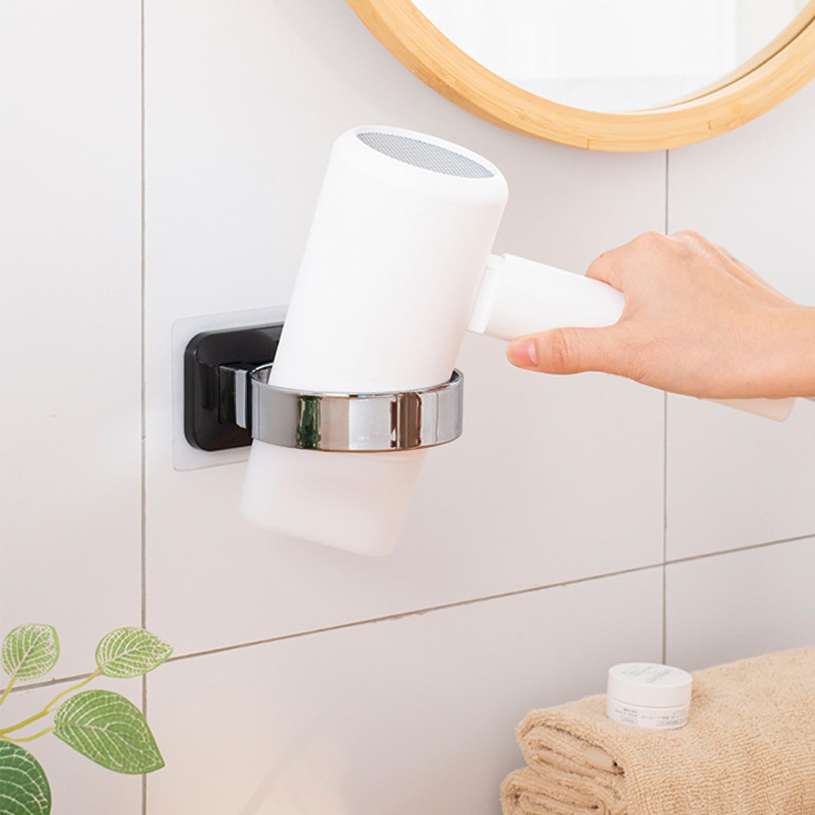 Porta Asciugacapelli Da Parete Forte Bagno - Nessuna Foratura, Adesivo - Cromato/Nero - Salvaspazio Per Bagno E Palestra
