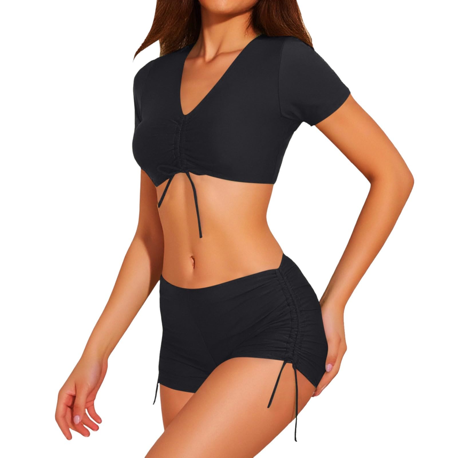 Damski zestaw bikini wiązany z przodu z krótkim rękawem dwuczęściowy strój kąpielowy z wysokim stanem stroje kąpielowe z szortami, czarny, S