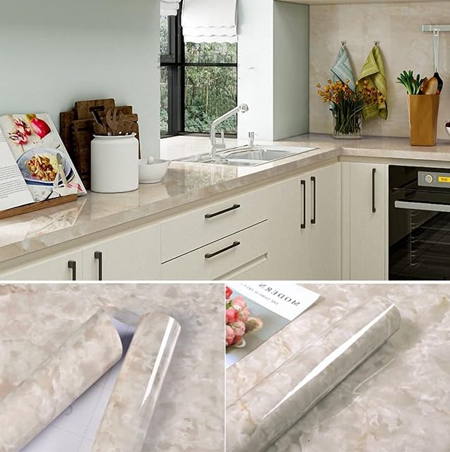 Large Marble Vinyl Self Adhesive Vinyl Wrap, 60cm×5m, Marble Sticky Back Plastic Roll, Waterproof Heat Resistance Contact Paper Worktop Vinyl Covering Furniture Stickers for Furniture (Beige)