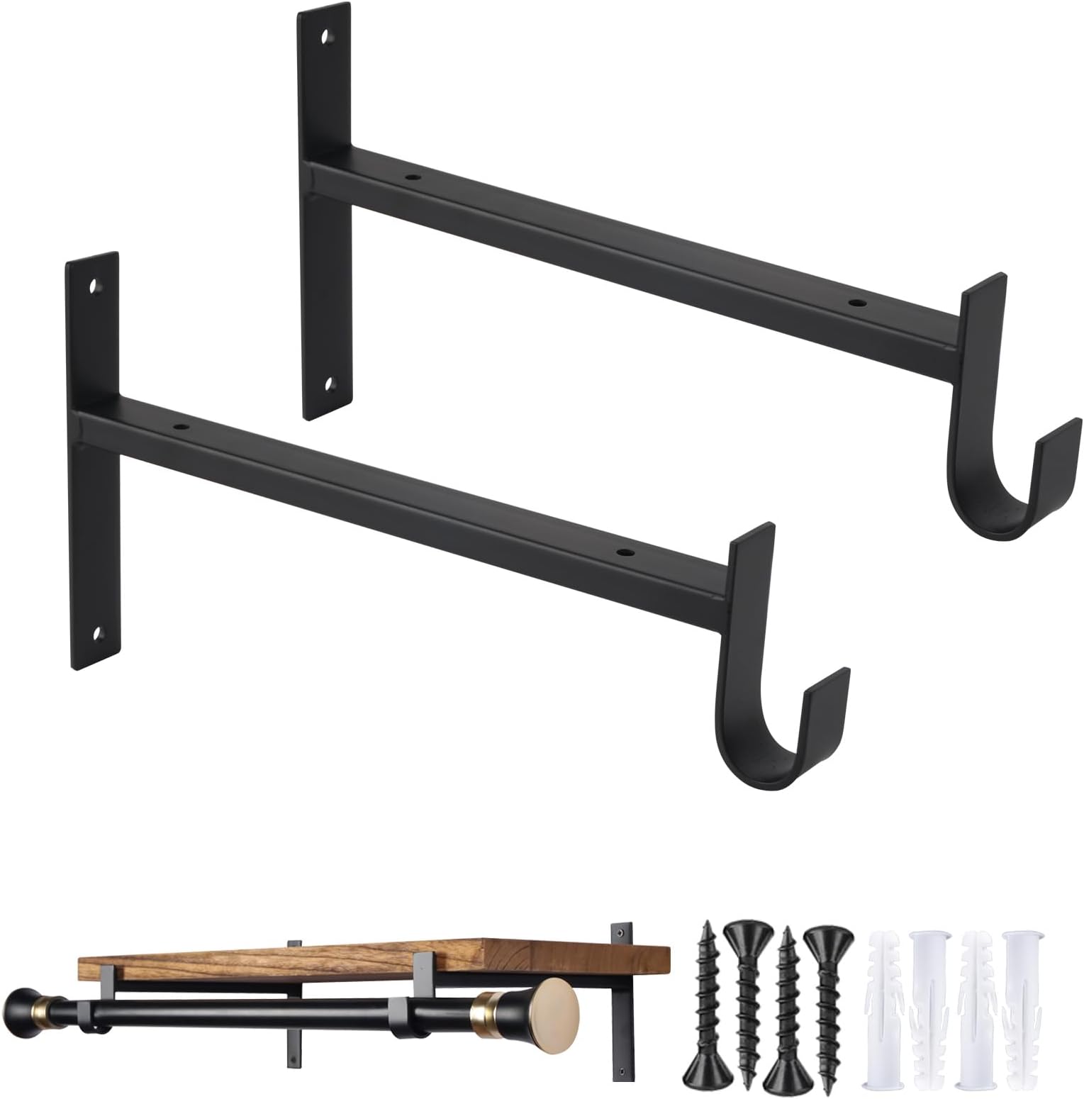 OVOV Closet Rod Bracket Heavy Duty 12 Inch Closet Shelf Brackets with Rod Holder Black Wall Mounted Closet Rod Support Brackets with Hook (2 Pack)