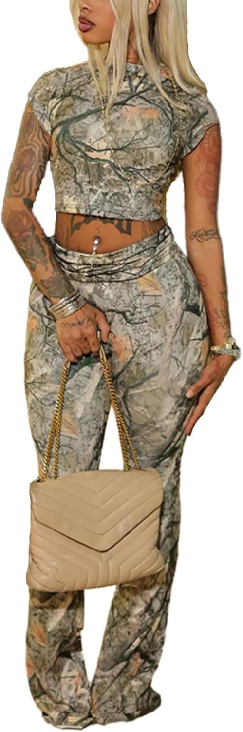 Sexy 2 Piece Sets For Women Camouflage Cap Sleeve Crop Top And Fold Over Flare Pants Set Casual Outfits Going Out