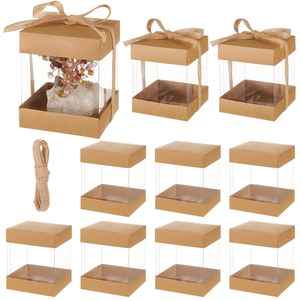 BENECREAT 10 Pcs Clear Plastic Gift Box with Kraft Paper Lid, Rectangle Gift Packaging Boxes with Polyester Ribbon for Birthdays, Weddings and Christmas, 9x9x11cm/3.5x3.5x4.3 Inch