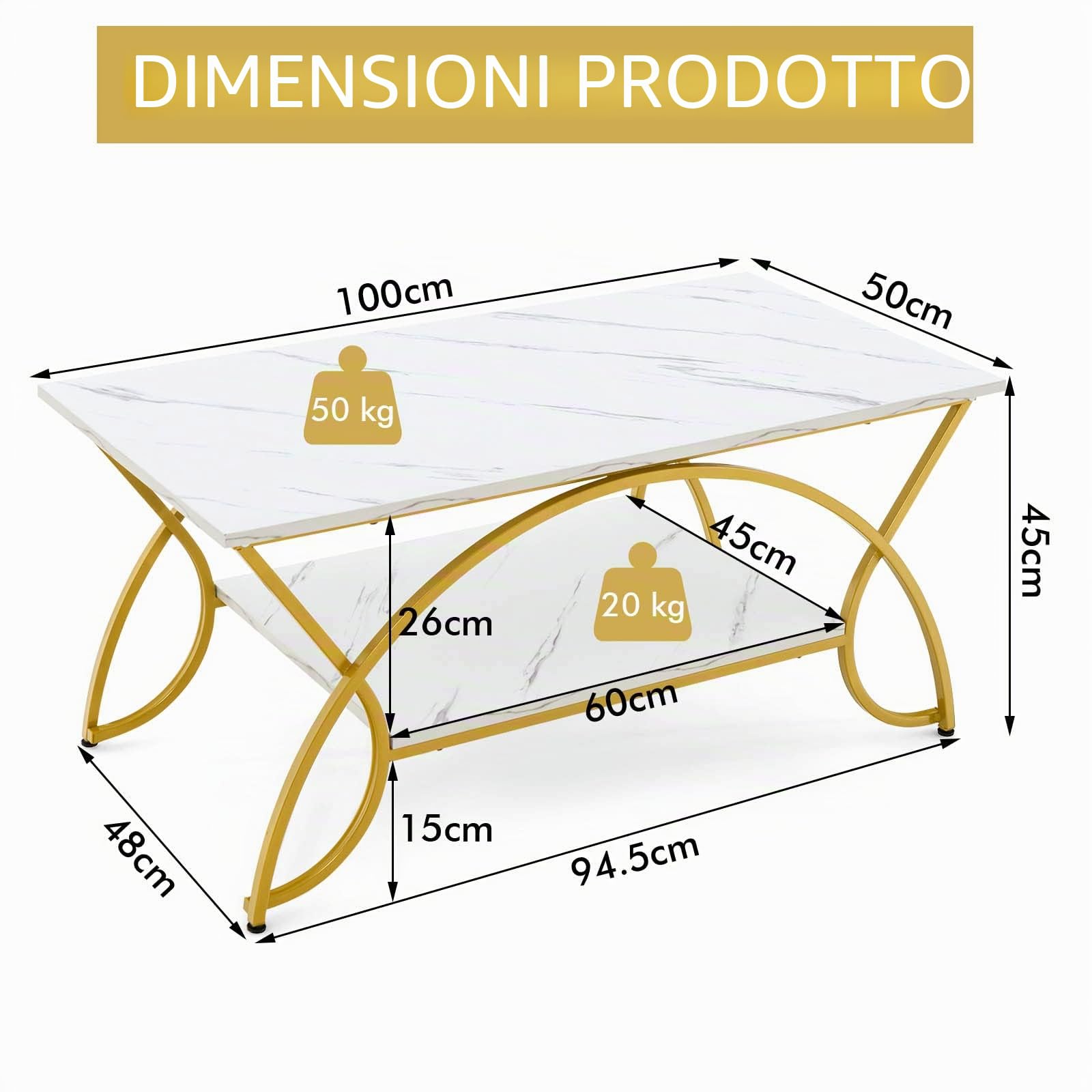 LIFEZEAL Tavolino da Salotto, con Effetto di Marmo, Tavolino Basso a 2 Ripiani, Tavolino da Caffè, da Divano, Moderno, Gambe Curve in Metallo, Montaggio Semplice, Soggiorno, Max 70kg, 100x50x45cm, Oro