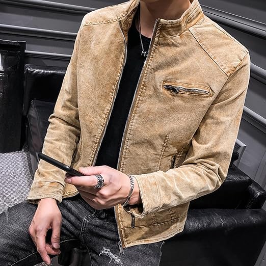 Men's Fashion Vintage Denim Jacket Stand Collar Zipper Lightweight Motorcycle Jackets Warm Slim Trucker Coats3