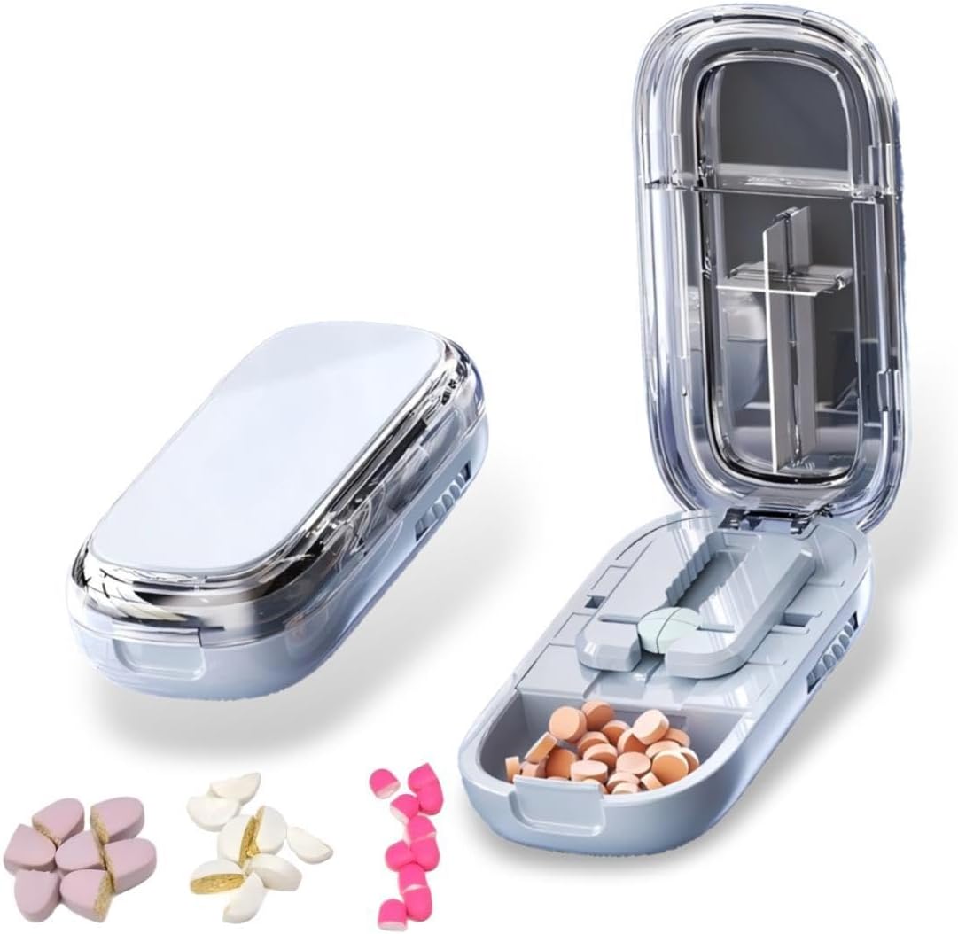 Pill Cutter,Precisely Split Small or Large Pills and Vitamins of Various Shapes with a Safe, Self-Retracting Blade (Mint Blue 1/2，1/4)