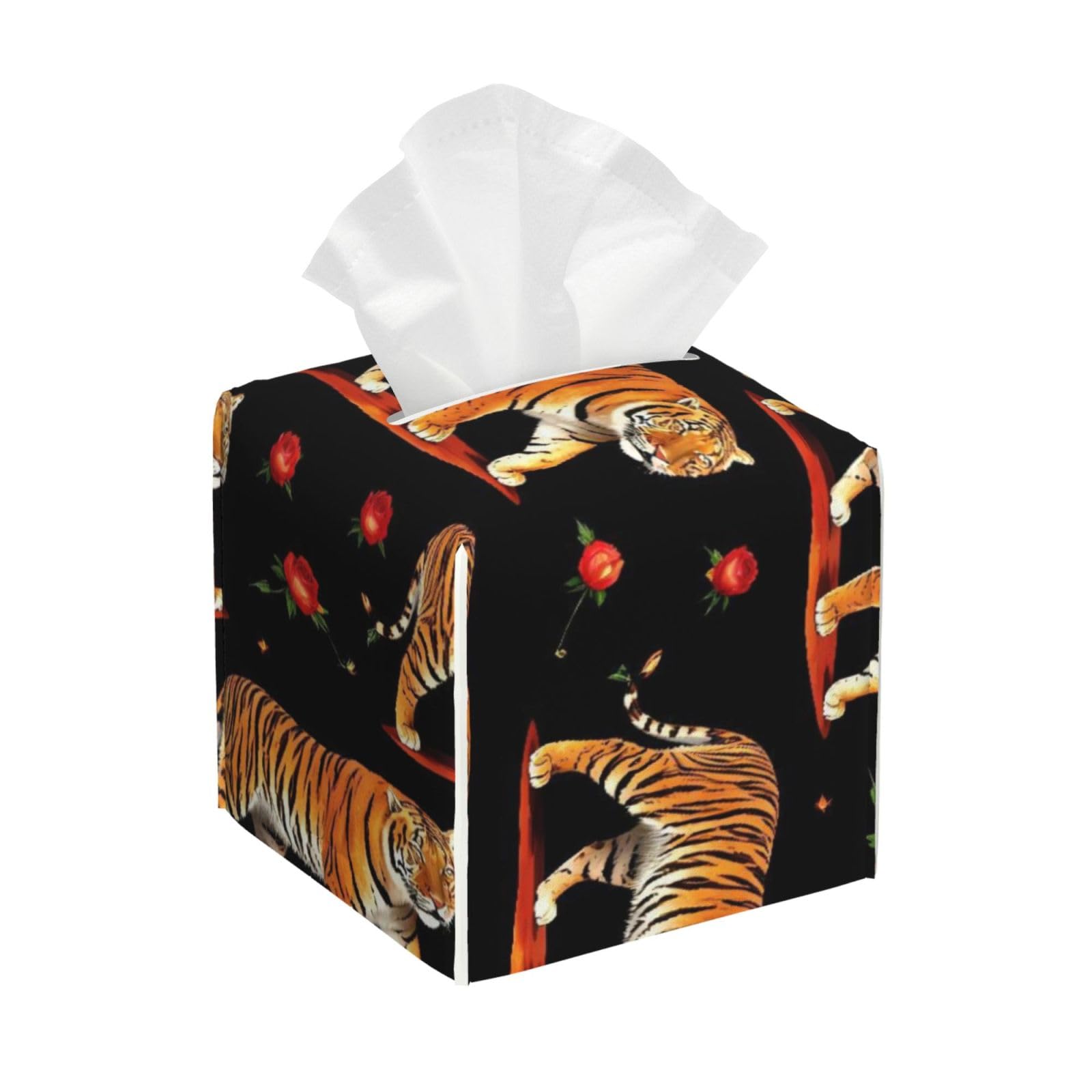 Animal Print Tigers Leather Tissue Box Cover Holder Square Facial Paper Organizer 5.2" X 5.2" X 5.2"