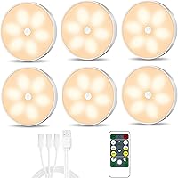 6-Pack Warm White Motion Sensor LED Puck Lights - USB Rechargeable, Dimmable Closet Cabinet Step Lights for Kitchen Stairs Wardrobe