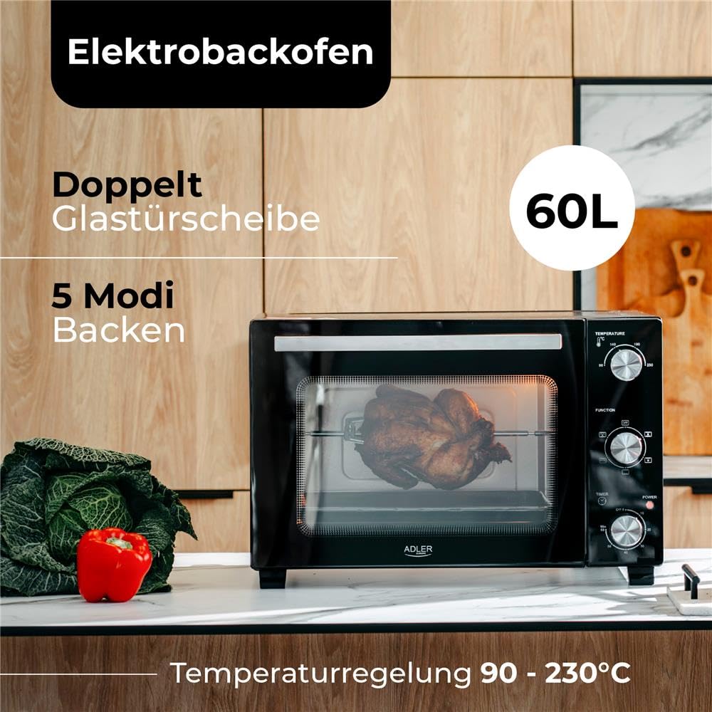 ADLER EUROPE AD 6028 Elektrobackofen 60 Liter, Mini-Backofen mit Umluft, Drehspieß, Timer, 5 Heizmodi, 2000W, Doppelglastür, Backblech und Grillrost, Schwarz