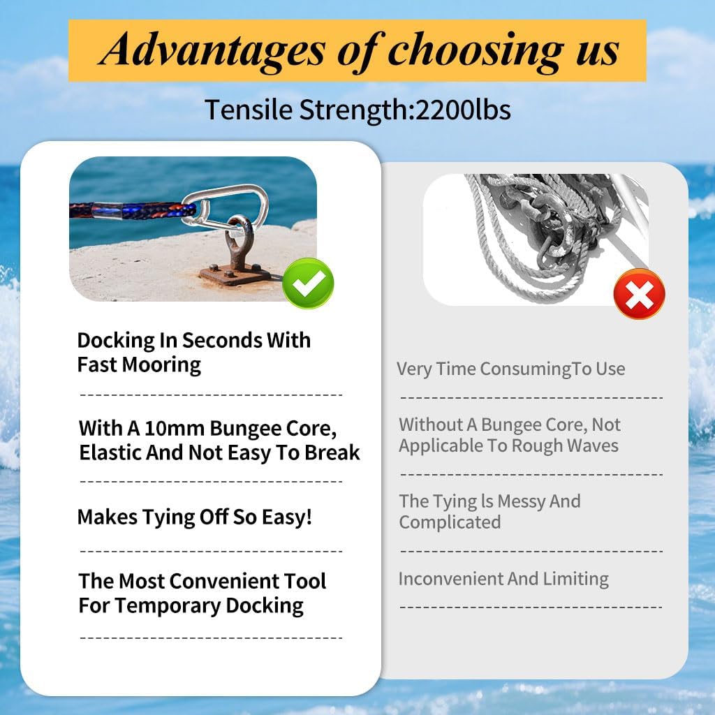 4-5.5ft, Bungee Dock Line with Stainless Steel Clip Safe Boat Rope Mooring String with Foam Float for Pontoon, Boat Accessories, Sea Doo,2 Pack (Red&Black&Blue)