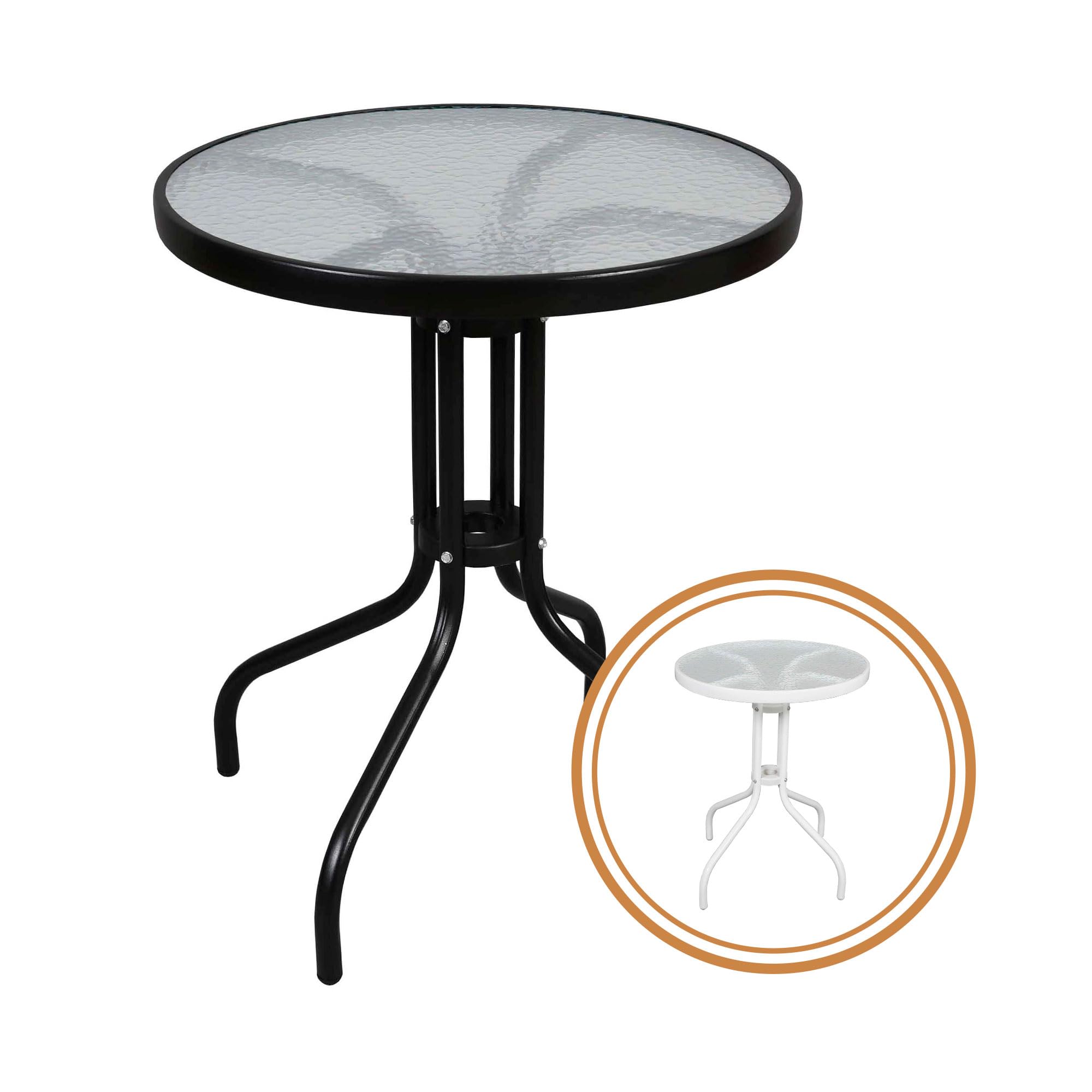 THE SECRET HOME - Mesa Redonda de Metal con Base de Cristal Texturizado - Alto. 70 cm x Diámetro. Ø60 cm - Color Negro - Mesa para Jardín, Terraza, Patio o Balcón