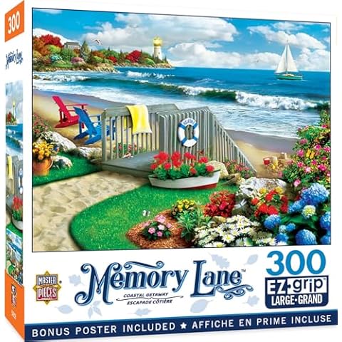 MasterPieces - 300 Piece Jigsaw Puzzle, Large EZ Grip Shapes, Coastal Getaway, Fun for Adults, Seniors, Family, Kids, Non-Glare Finish, 18"x24" Cover