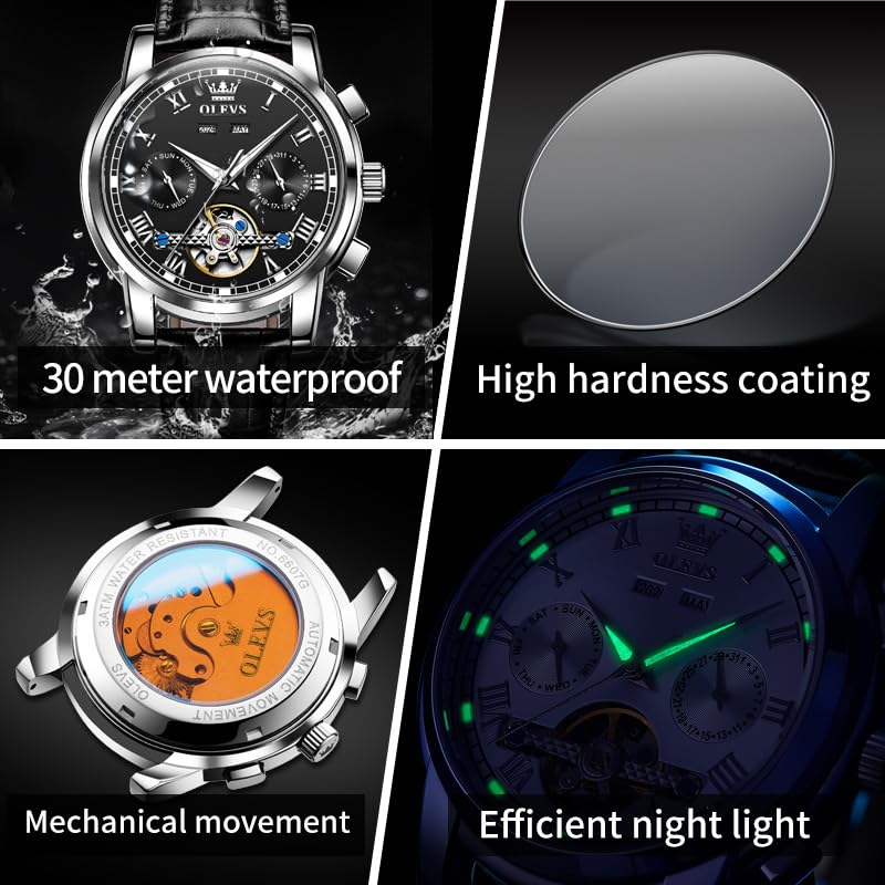 OLEVS Men's Watch Automatic Luxury Dress Tourbillon Chronograph Big Face Calendar Self Winding Wrist Watches for Men Business Moon Phase Mechanical Male Watches Luminous Waterproof