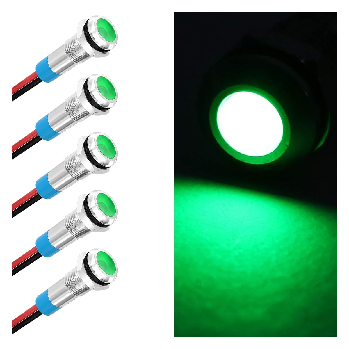5PCS 6MM 1/4" LED Indicator Light, AC/DC 12-24V Waterproof IP66 Metal Signal Lamp, Metal Indicator with 145mm Wire, Automotive LED Indicator Light for Cars Trucks Boats (Green)