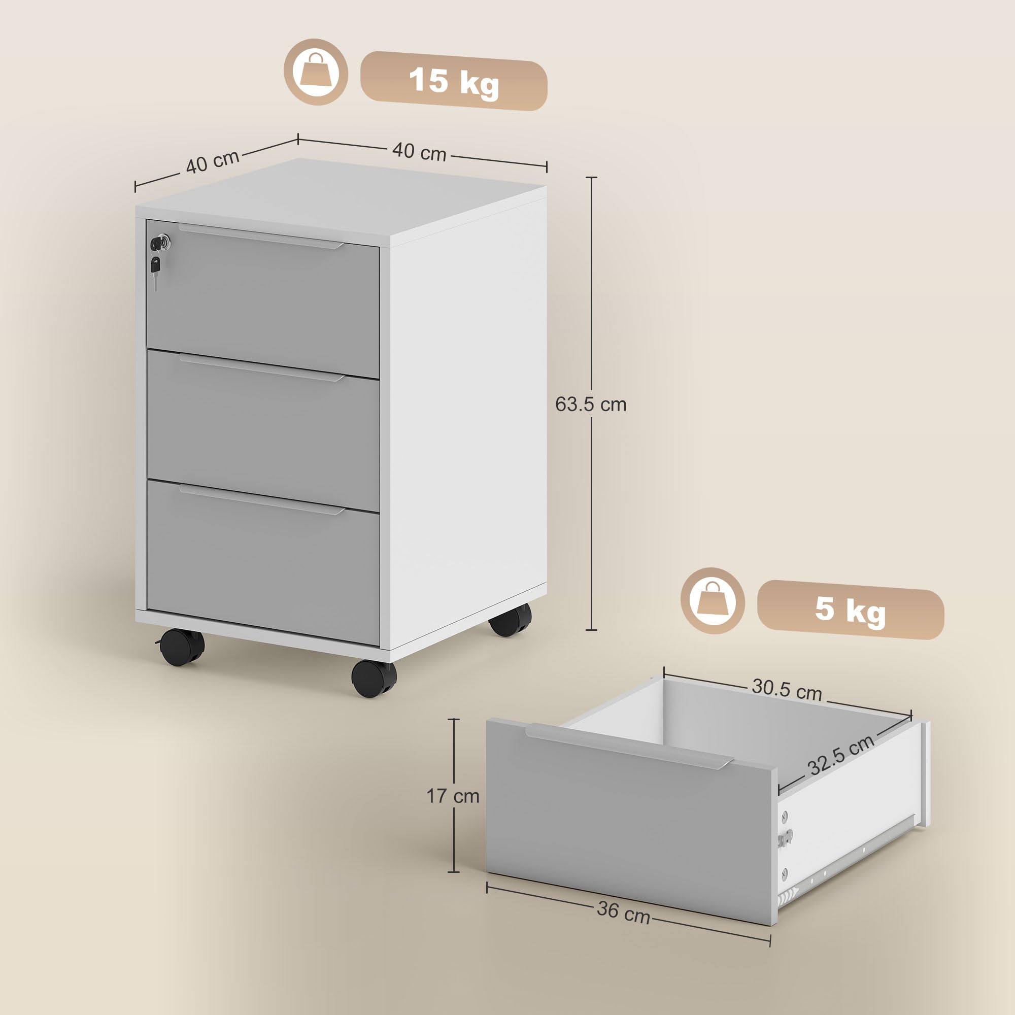 HOMCOM Schedario da Ufficio con 3 Cassetti, 4 Ruote, Cassettiera Ufficio con Serratura e 2 Chiavi per Lettera/Formato A4, Armadietto Verticale per Studio, 40x40x63.5 cm, Bianco e Grigio