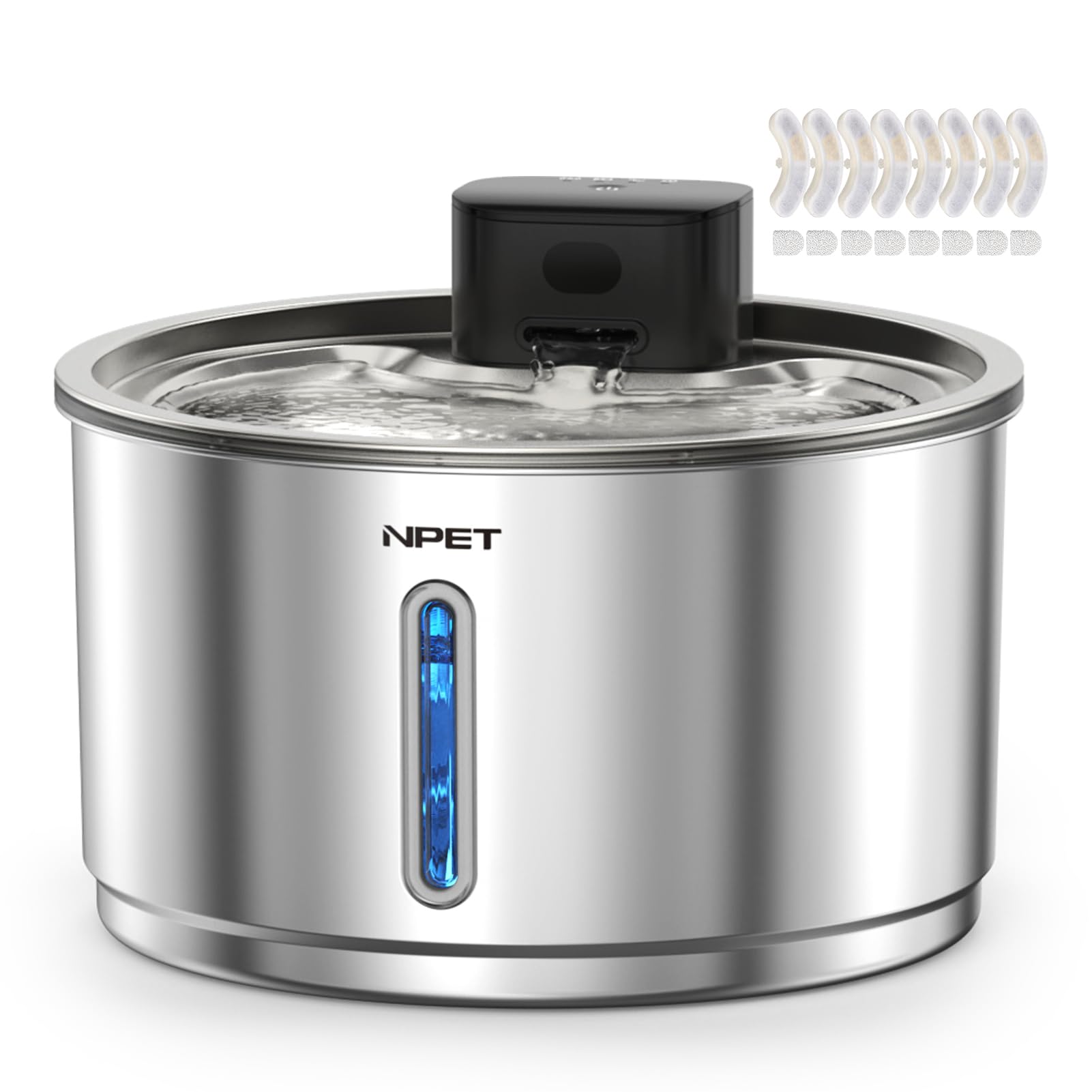 NPET Stainless Steel Wireless Cat Fountain, 1Gallon/135oz Battery Operated Automatic Pet Drinking Fountain - Cordless Dog Water Dispenser with 8 Replacement Filters for Cats Indoor