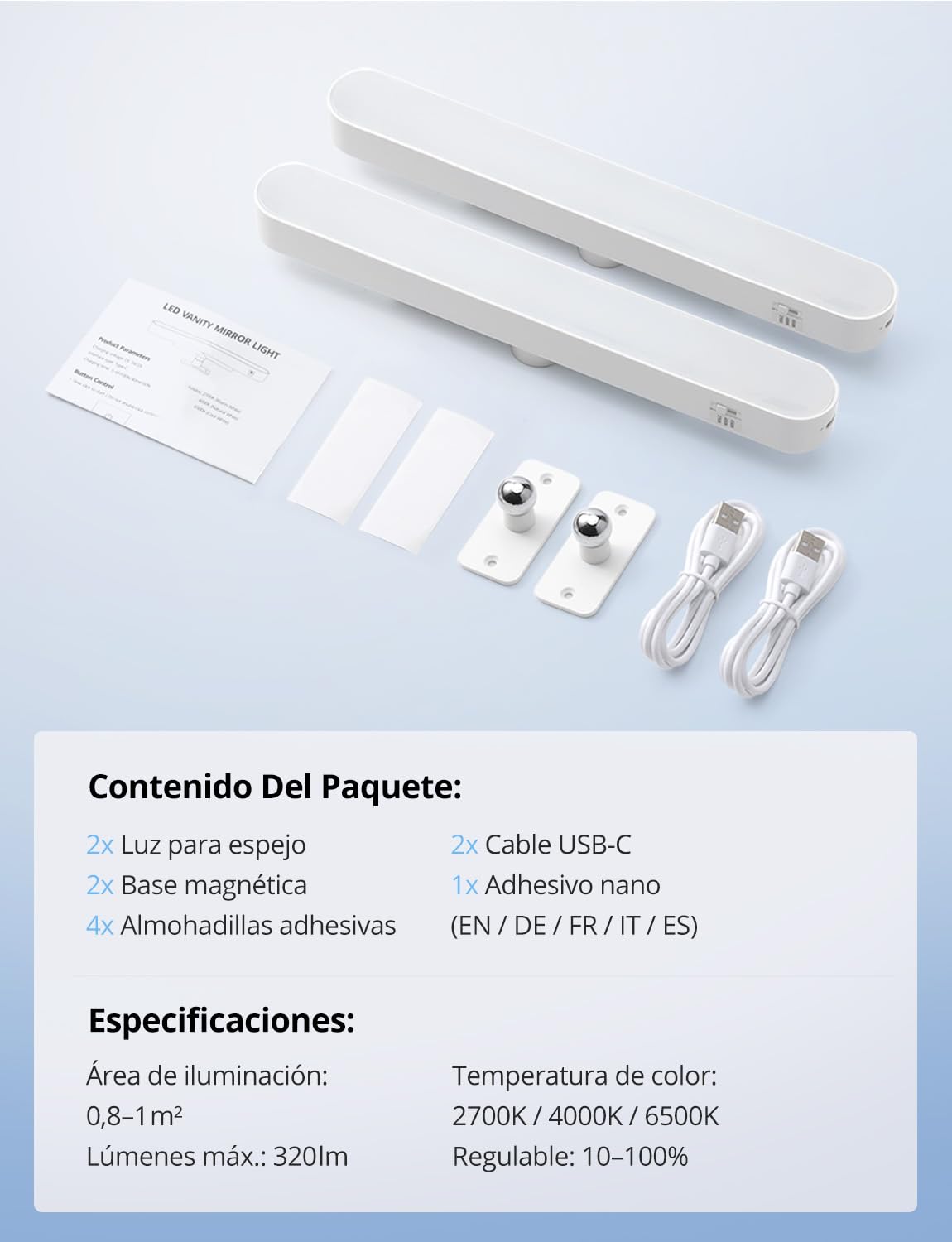 Combuh Luz para Tocador de Maquillaje Lues Espejo Baño Sin Cable Sin Instalación, Autonomía 14 Días 4000mAh Lampara LED Espejo Recargable con Usb 3 Temperaturas de Color Ajustables 2 Unidad