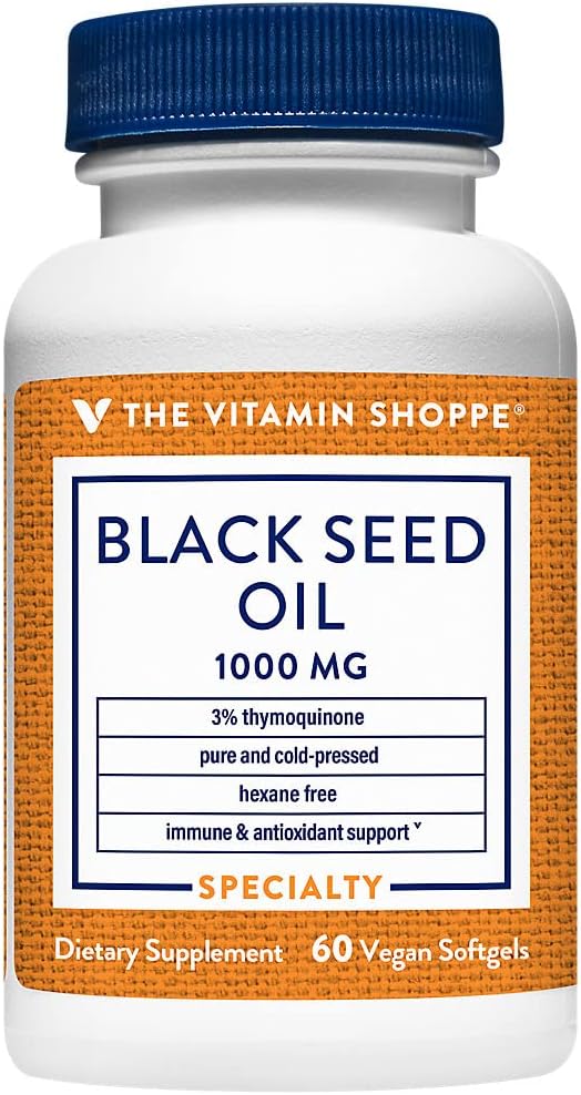The Vitamin Shoppe Black Seed Oil 1000mg - Immune Health & Antioxidant | 3% Thymoquinone Cold-Pressed | 60 Vegan Softgels | Non-GMO