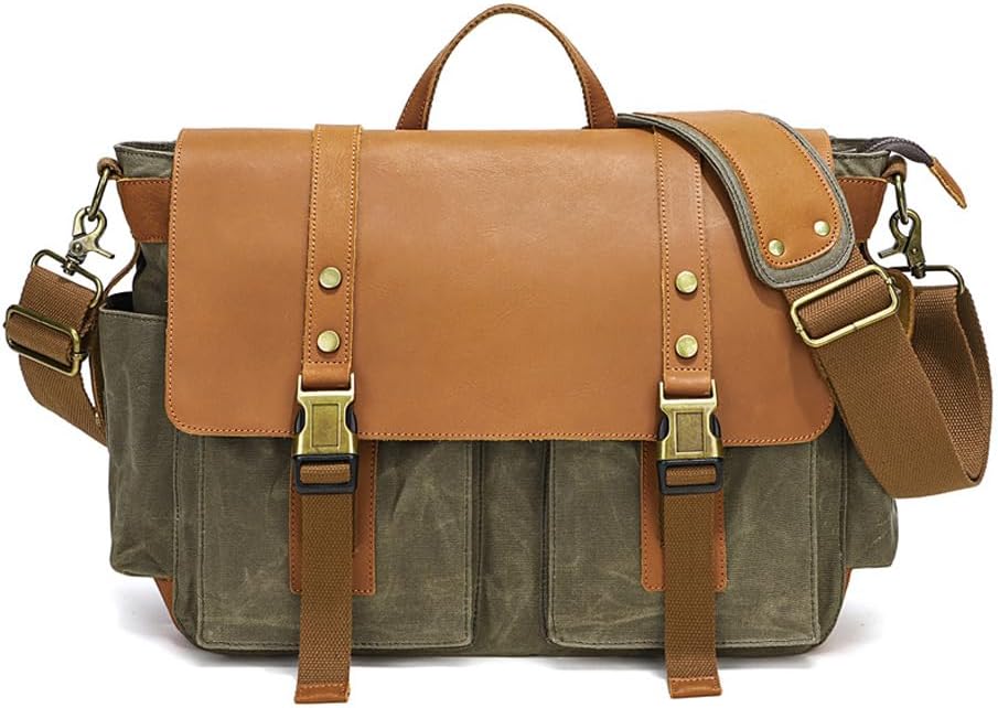 JONON Messenger Bag for Men 15.6 Inch Vintage Canvas Genuine Leather Briefcase for Men Laptop Bag Satchel Shoulder Bag