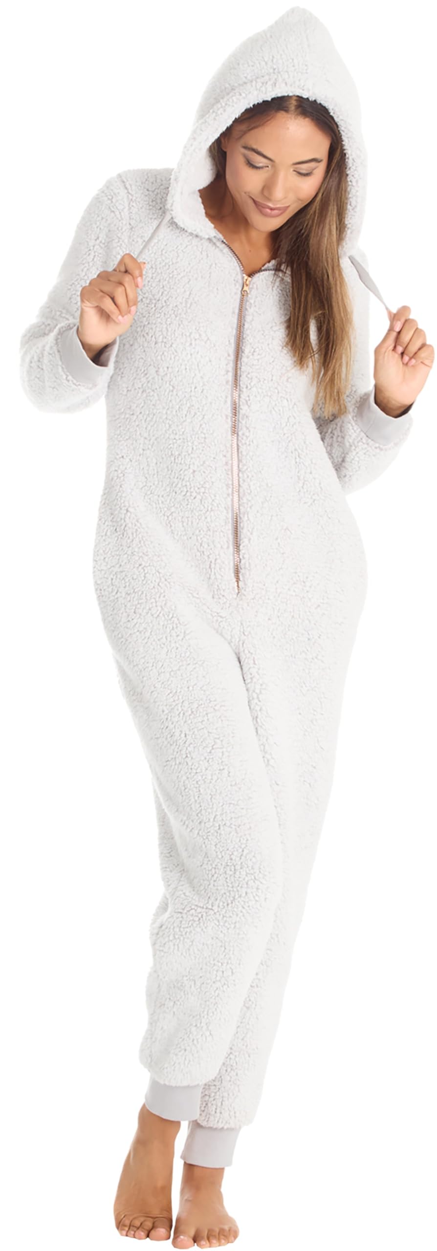 Kate Morgan Women's Grey Borg ' Cozy Hooded Onesie For Soft Comfy Fleece Pajamas, Fluffy Nightwear & Lounge Wear
