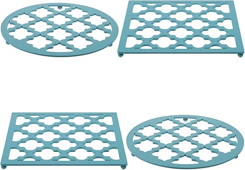 Beeveer 4 salvamanteles de hierro fundido, redondos y cuadrados, de metal, decorativos con tapas de goma y colgador de anillo para ollas, sartenes,