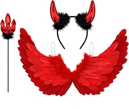 Newthinking Angel Wings and Horns for Adults Kids, Red Feather Wings Halloween Angel Devil Costume Cosplay for Women Girls, 65x35cm